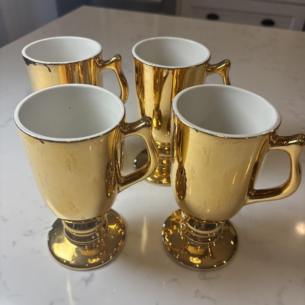VTG Hall China Golden Glo 1273 Gold Luster Pedestal Irish Coffee Mugs Set Of 4